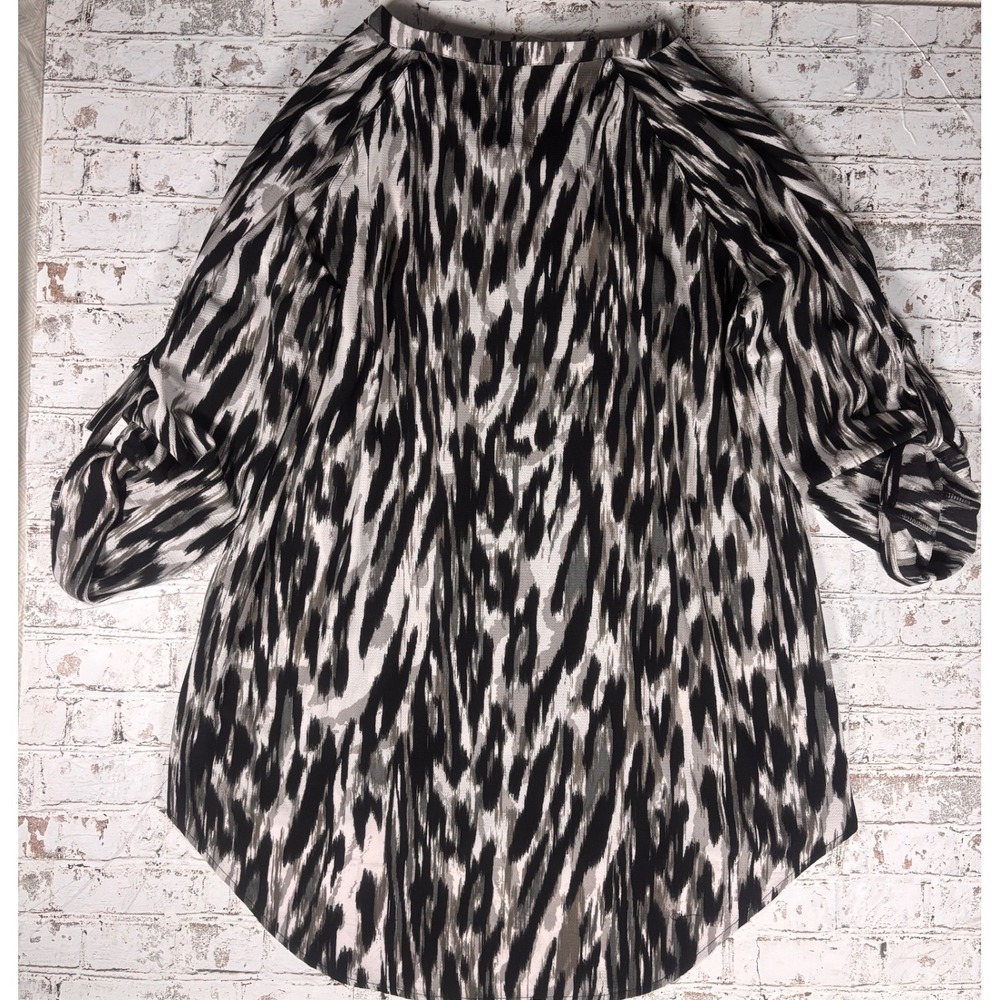 Rock & Republic Womens XL Black Gray Ikat Zip Front Roll Tab Sleeve Tunic Blouse